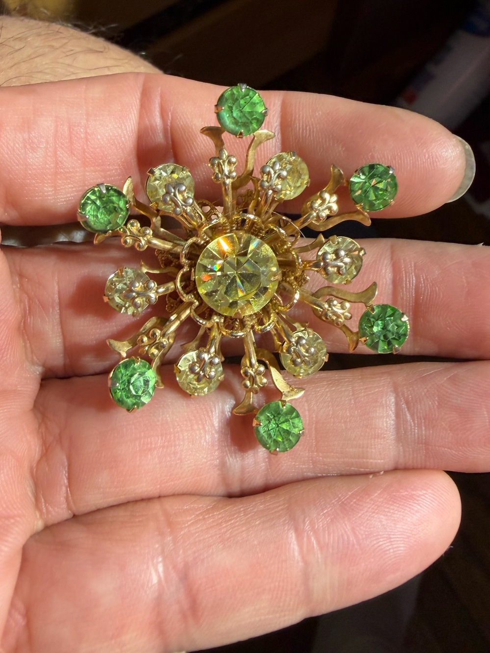 Vintage Gold-Tone Floral Burst Green Crystals Brooch